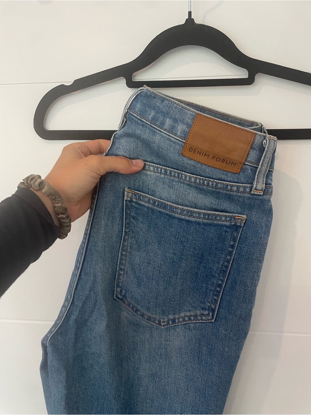 Denim Forum Straight-Leg Midwash Jeans with Leather Patch